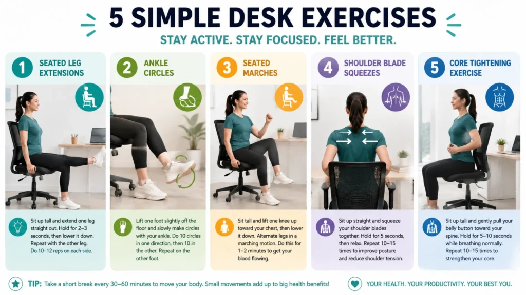 Infographic showing seated desk exercises for remote workers including leg extensions and shoulder squeezes.