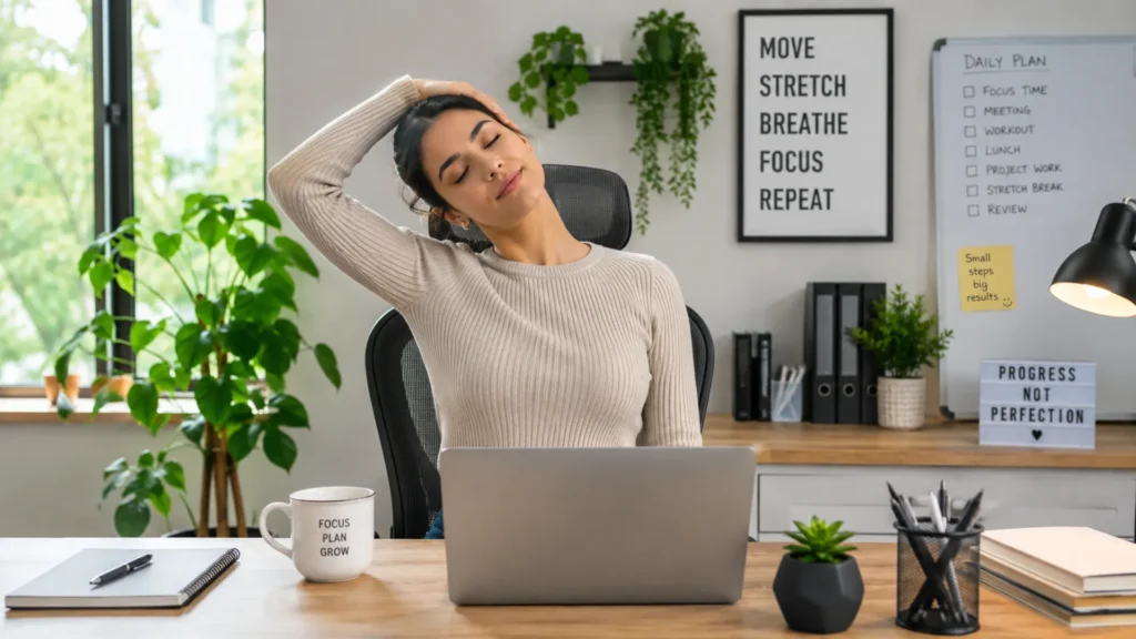 Remote worker performing a neck and shoulder stretch at a home office desk while working on a laptop.