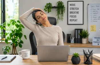 Remote worker performing a neck and shoulder stretch at a home office desk while working on a laptop.