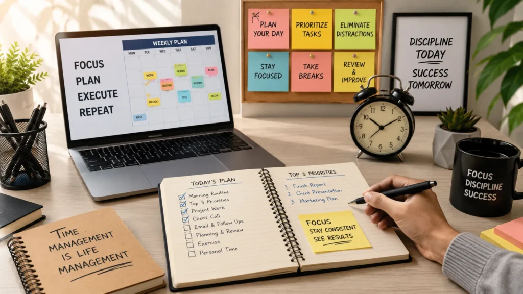 Person organizing daily tasks with a planner and laptop using simple time management techniques.