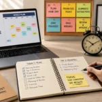 Person organizing daily tasks with a planner and laptop using simple time management techniques.
