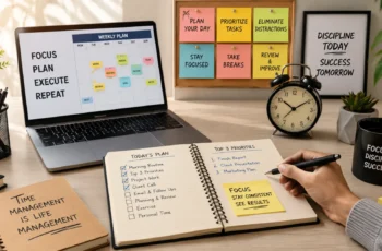 Person organizing daily tasks with a planner and laptop using simple time management techniques.