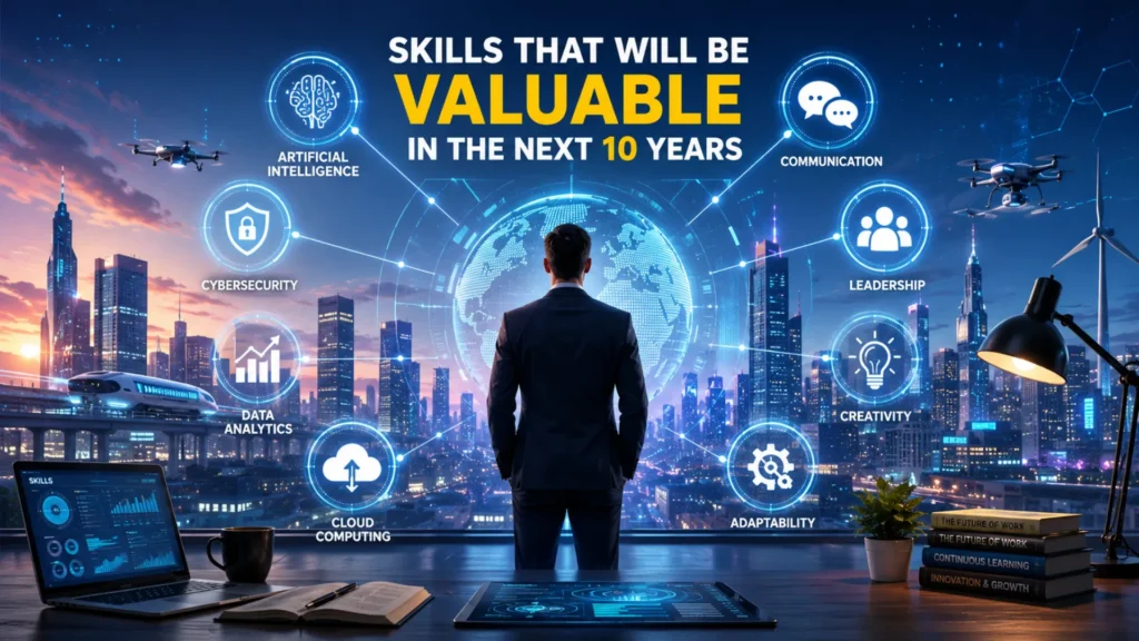 Professional surrounded by future-ready skills including AI, cybersecurity, data analytics, leadership, and communication in a futuristic digital workspace.