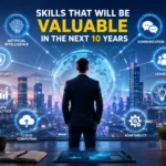 Professional surrounded by future-ready skills including AI, cybersecurity, data analytics, leadership, and communication in a futuristic digital workspace.