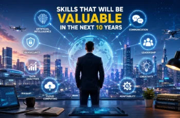 Professional surrounded by future-ready skills including AI, cybersecurity, data analytics, leadership, and communication in a futuristic digital workspace.