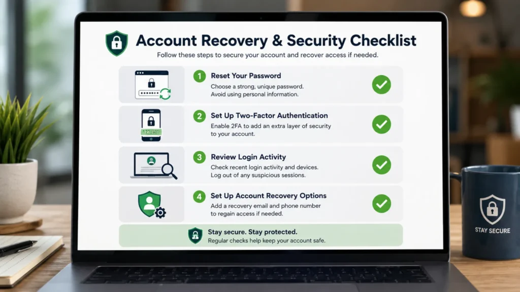 Social media account security checklist showing password reset and two-factor authentication steps.