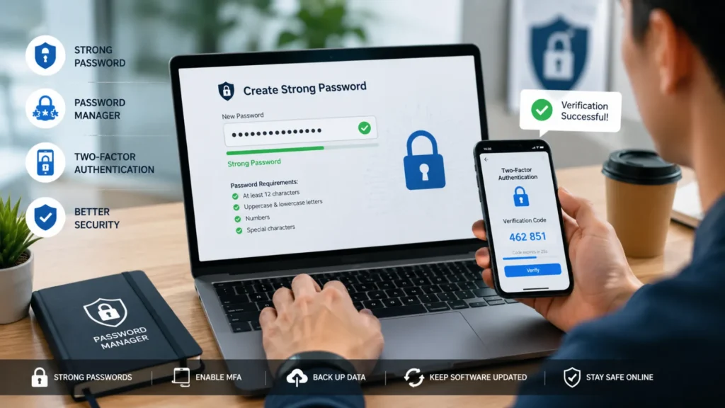 User setting up a strong password and multi-factor authentication for better account security.
