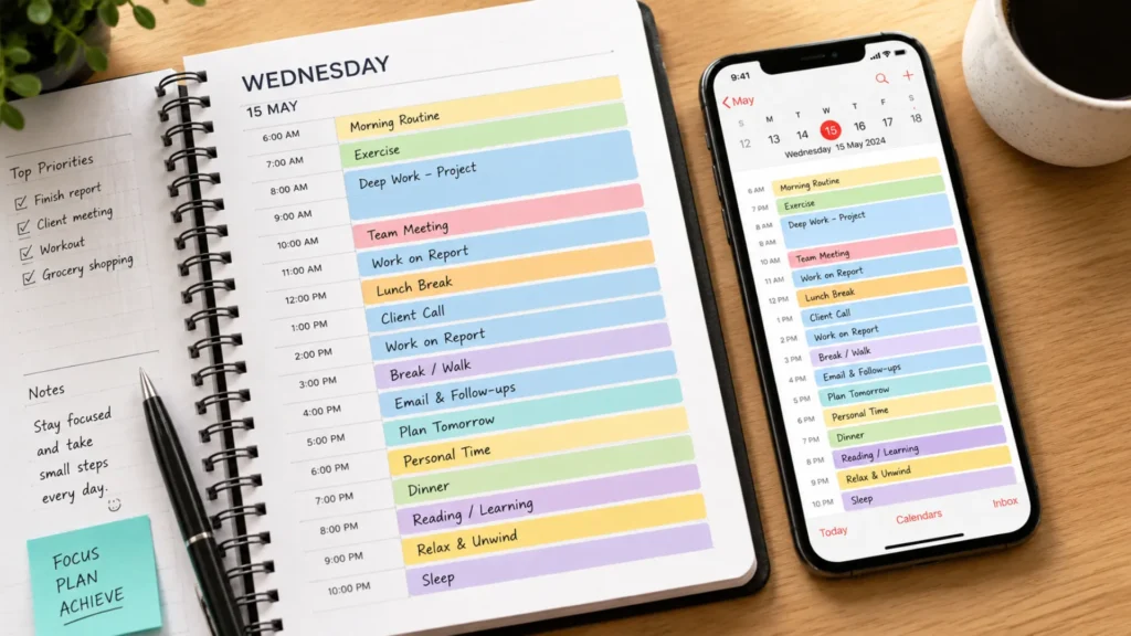 Color-coded time blocking schedule used for organizing daily tasks and priorities.