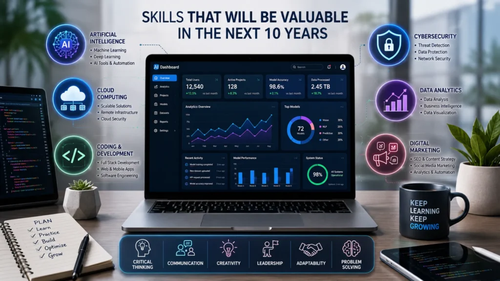 High-demand technical skills shaping the future job market. Digital workspace featuring AI tools, cybersecurity protection, cloud computing, coding, and data analytics dashboards.