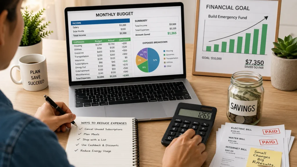 Person reviewing a monthly budget and reducing expenses with savings goals and financial planning tools.