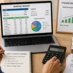 Person reviewing a monthly budget and reducing expenses with savings goals and financial planning tools.