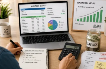 Person reviewing a monthly budget and reducing expenses with savings goals and financial planning tools.